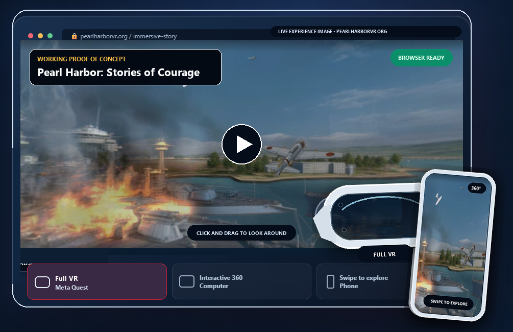 Approved OpenDoor VR competition visual showing Pearl Harbor: Stories of Courage on a computer, VR headset, and phone.